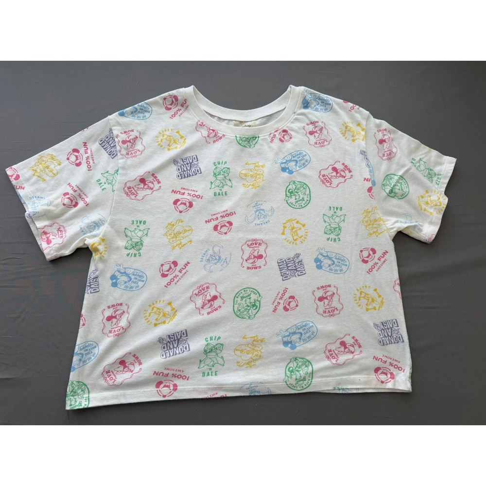 Disney 100 Years of Wonder All Over Print T-Shirt‎ White Women Large Mickey Crew